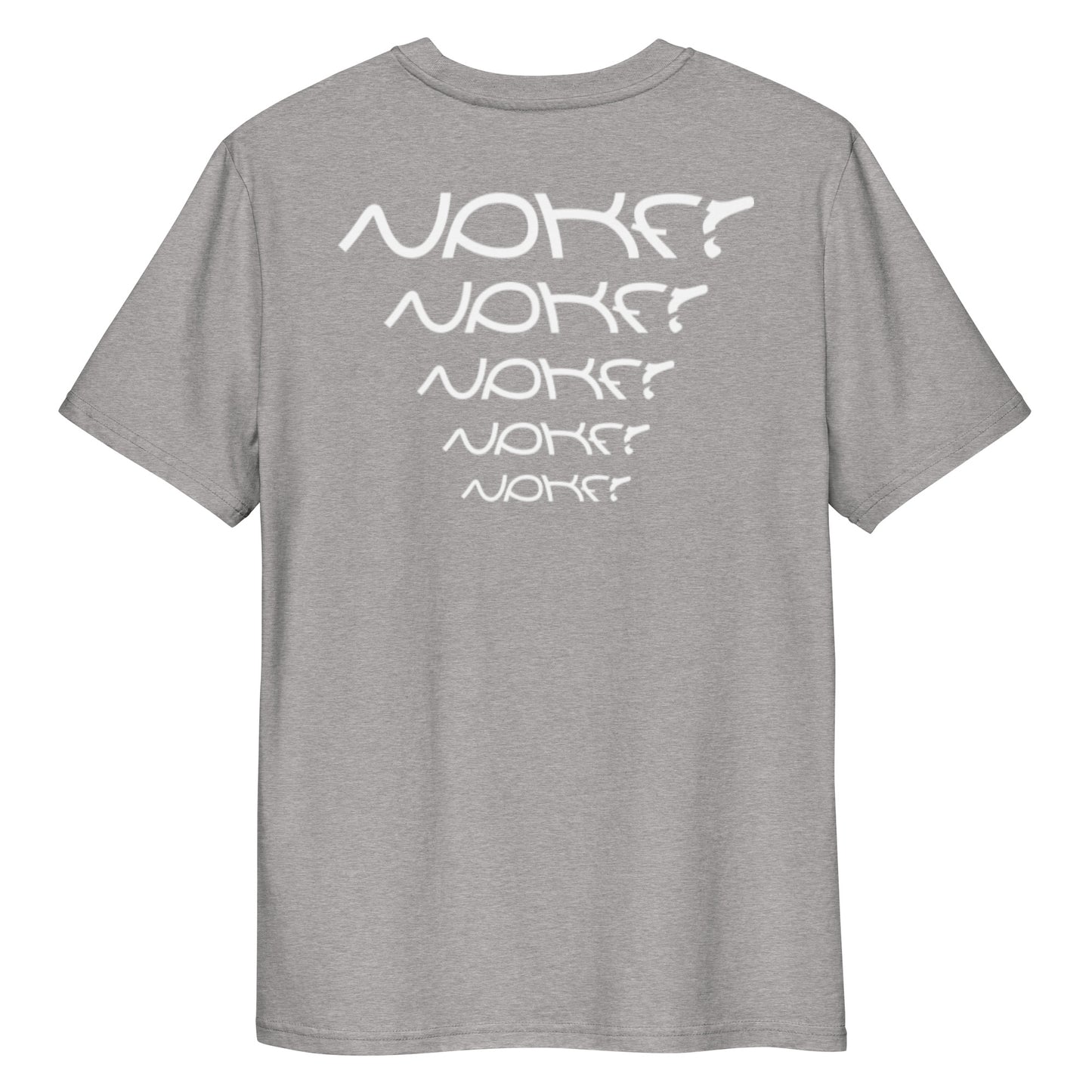 T-Shirt „Echo Lines“ von NPKF Studio – Rückseite in Heather Grey mit vertikalem NPKF-Logo-Motiv in gestaffelter Typografie, Teil der Reihe "Test Walls".