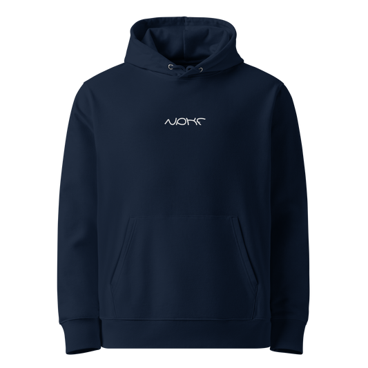 NPKF Studio Hoodie „Still Motion“ in Navy mit weißem NPKF-Schriftzug auf der Brust – minimalistisches Frontdesign, gefertigt aus schwerer Bio-Baumwolle