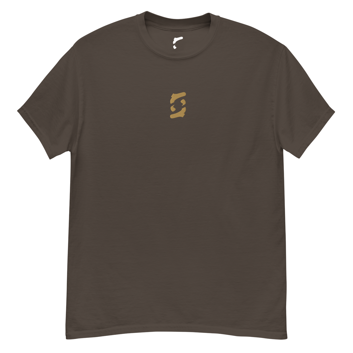 T-Shirt „Mirror Symbol“ von NPKF Studio in Dunkelbraun – gesticktes, braunes Emblem auf der Brust, inspiriert von stillen Formen.