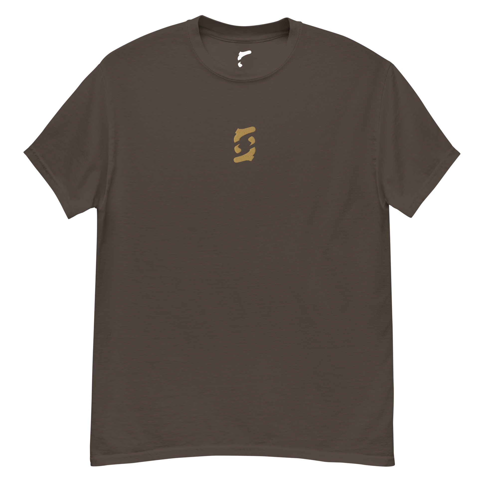 T-Shirt „Mirror Symbol“ von NPKF Studio in Dunkelbraun – gesticktes, braunes Emblem auf der Brust, inspiriert von stillen Formen.