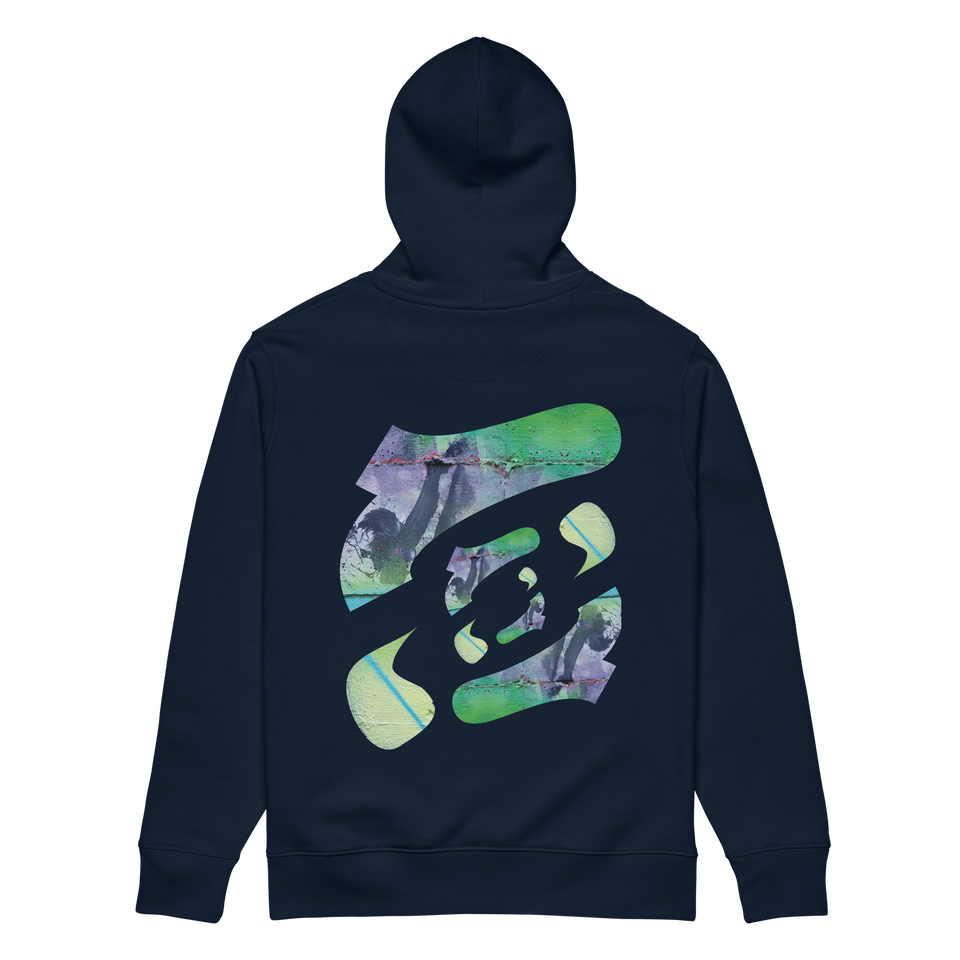 NPKF Studio Hoodie „Still Motion“ in Navy mit abstraktem Wandmotiv – inspiriert von echter Streetart, gefertigt aus schwerer Bio-Baumwolle