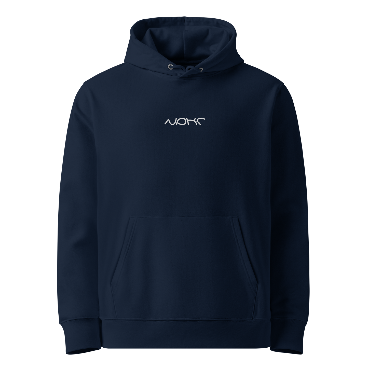 NPKF Studio Hoodie „Still Motion“ in Navy mit weißem NPKF-Schriftzug auf der Brust – minimalistisches Frontdesign, gefertigt aus schwerer Bio-Baumwolle