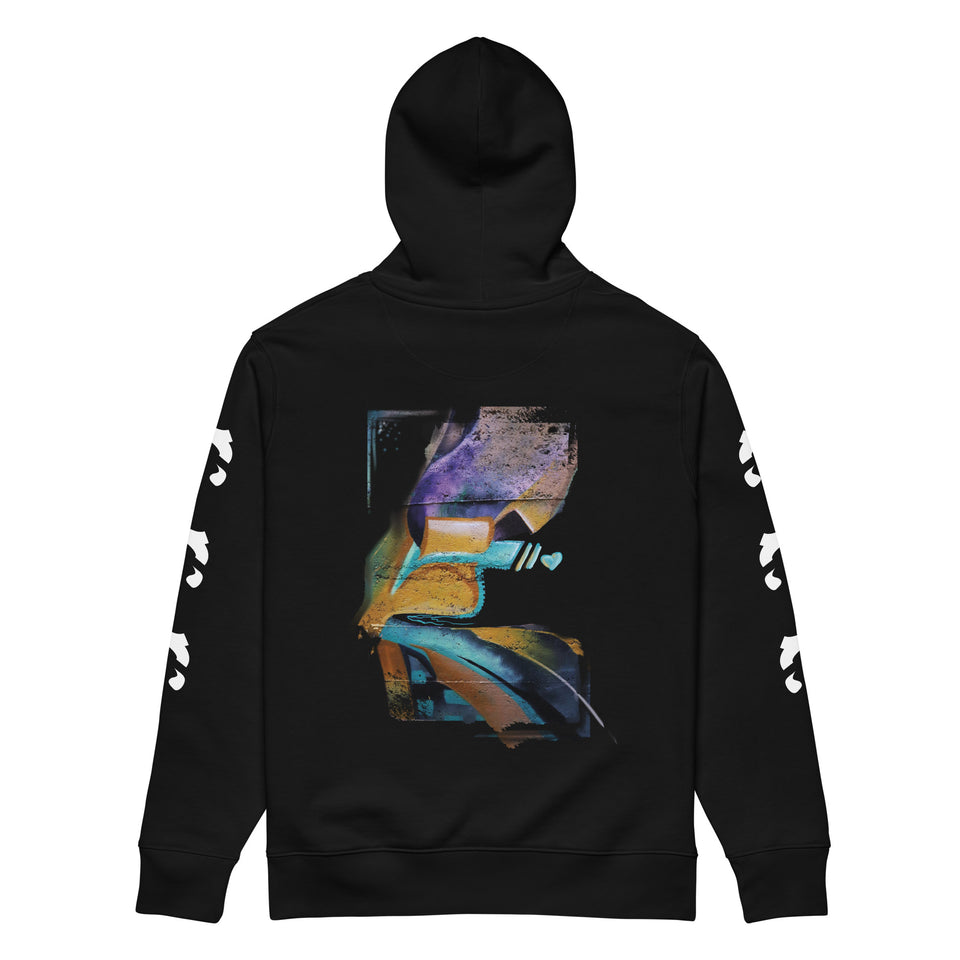 NPKF Studio Hoodie „Echo Layer“ in Schwarz mit abstraktem Wandmotiv auf dem Rücken – inspiriert von echter Streetart, gefertigt aus schwerer Bio-Baumwolle