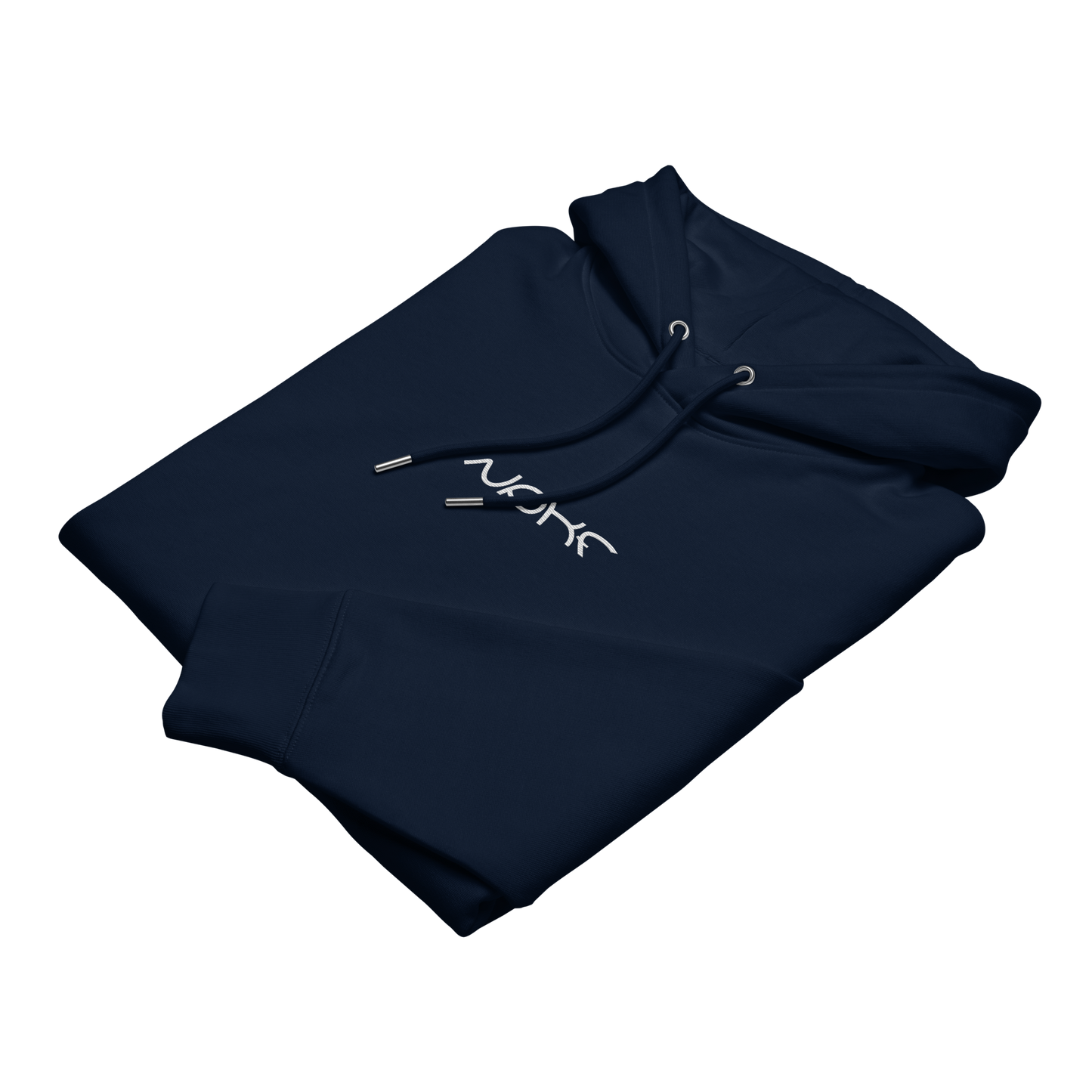 Gefalteter NPKF Studio Hoodie „Still Motion“ in Navy mit weißem Brustlogo – minimalistisches Design, schwere Bio-Baumwolle
