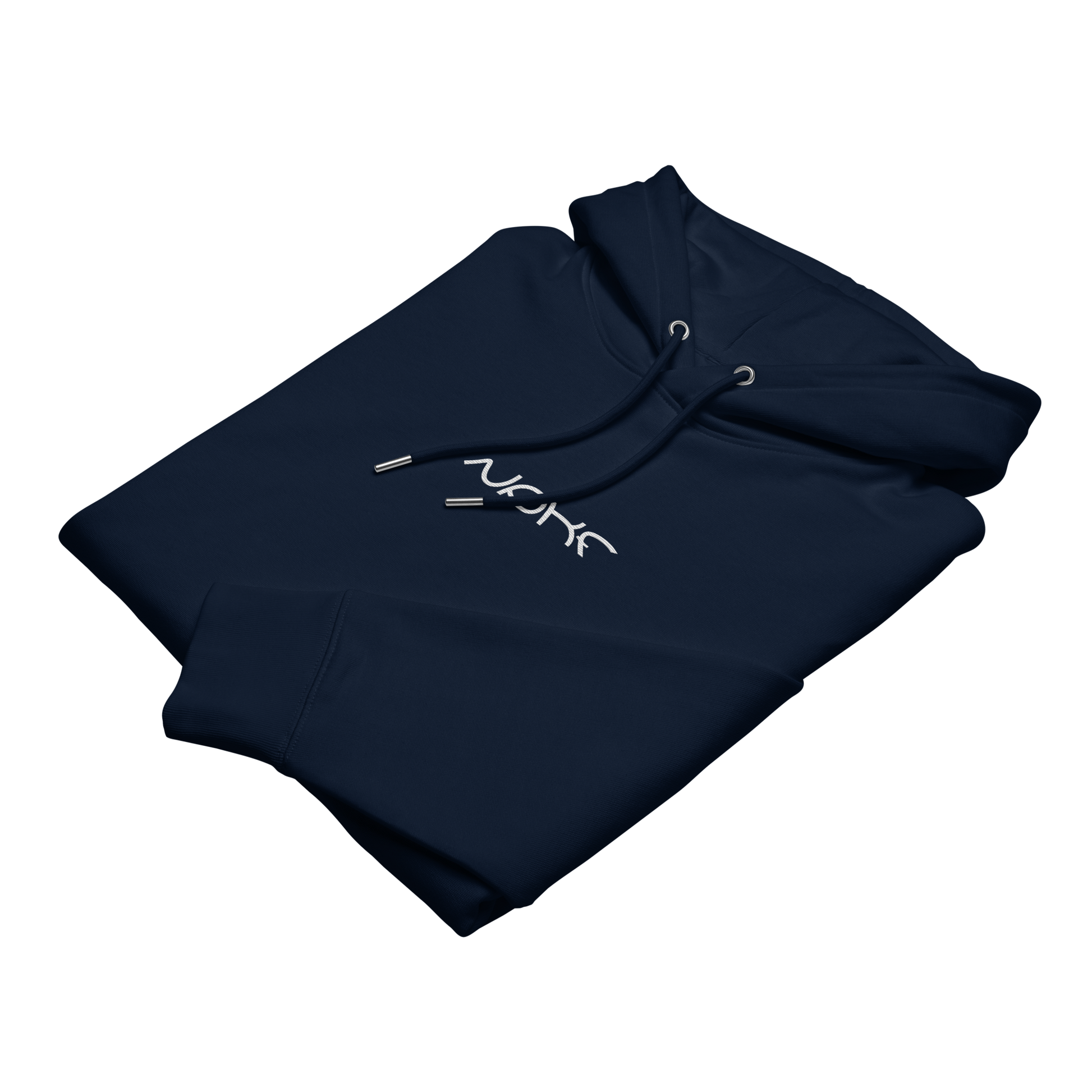 Gefalteter NPKF Studio Hoodie „Still Motion“ in Navy mit weißem Brustlogo – minimalistisches Design, schwere Bio-Baumwolle