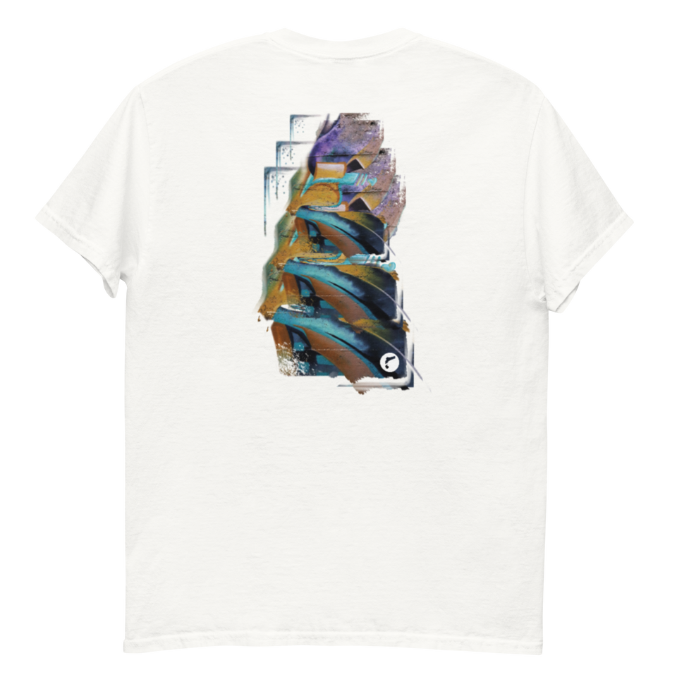 T-Shirt „Walled Flow“ von NPKF Studio – Rückseite mit abstraktem Wand-Motiv aus der Reihe "Test Walls", inspiriert von Struktur und Bewegung.